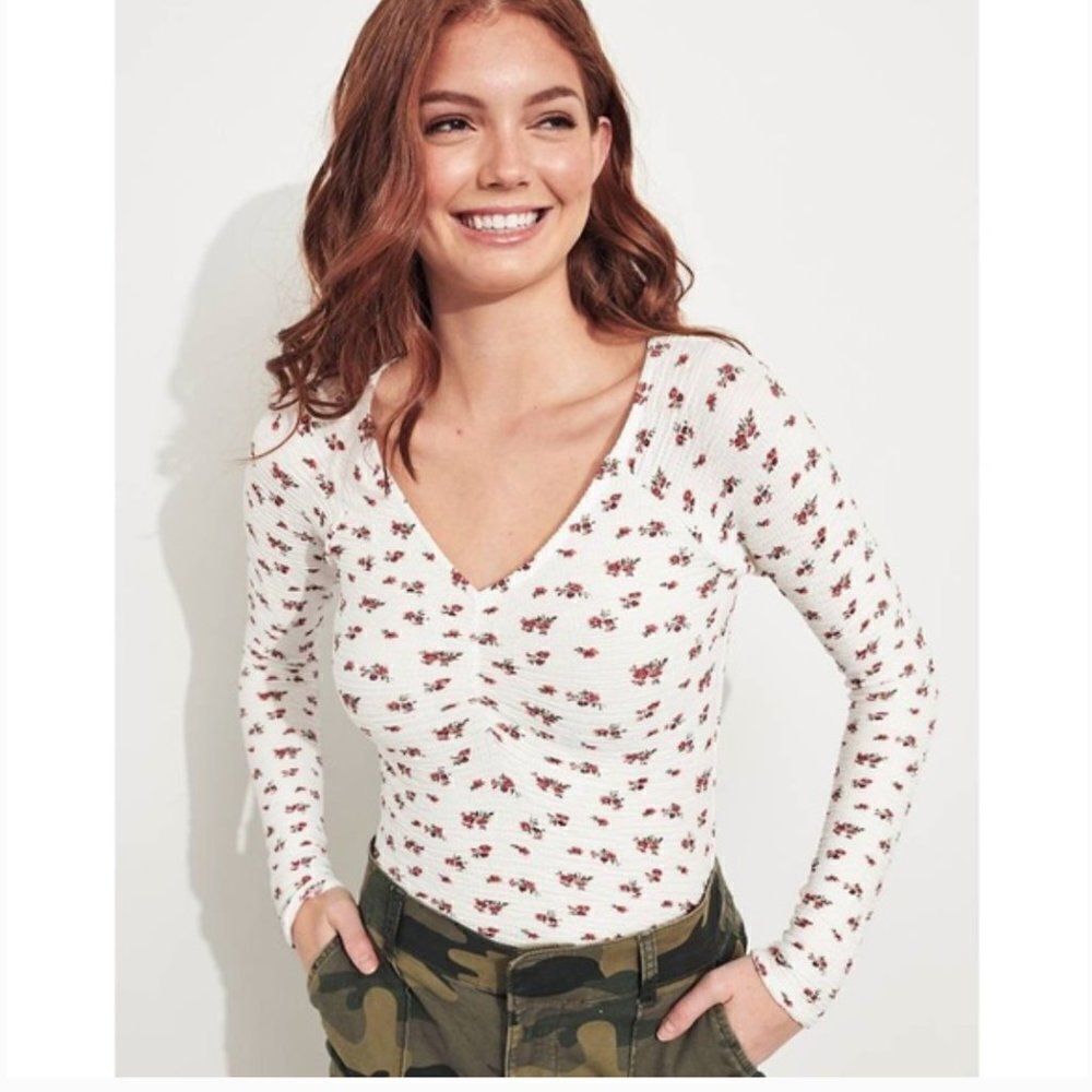 Hollister White Floral Long Sleeve Tee